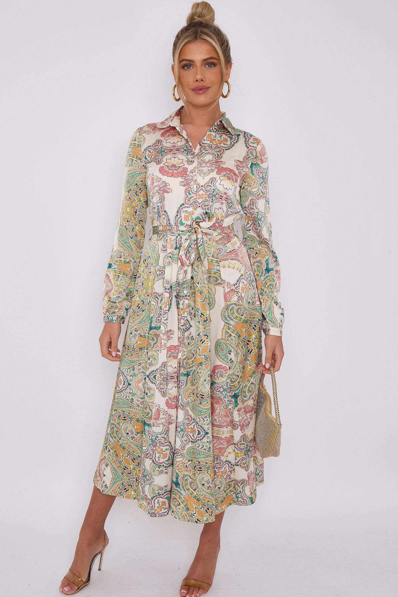 Love Sunshine Cream Mixed Paisley Print Silky Midaxi Shirt Dress Brunch Dress Casual Dress DB Dress with Pockets Everyday Dress Garden Party Dress Holiday Dress Long Sleeve Dress LS-2037 Wedding Guest Dress