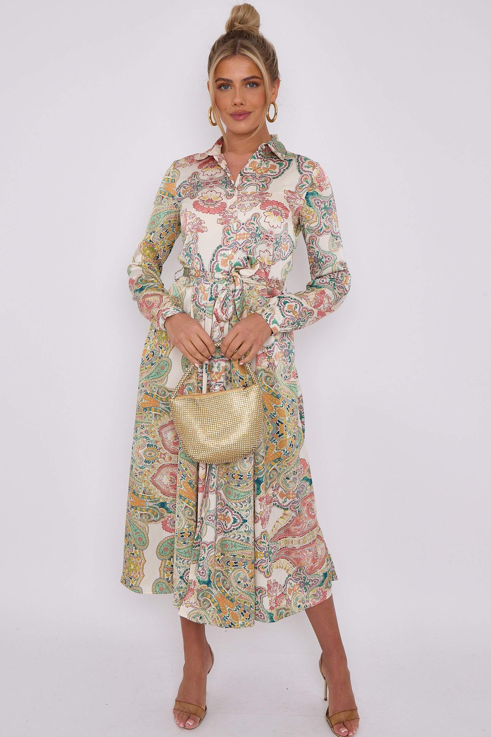 Love Sunshine Cream Mixed Paisley Print Silky Midaxi Shirt Dress Brunch Dress Casual Dress DB Dress with Pockets Everyday Dress Garden Party Dress Holiday Dress Long Sleeve Dress LS-2037 Wedding Guest Dress