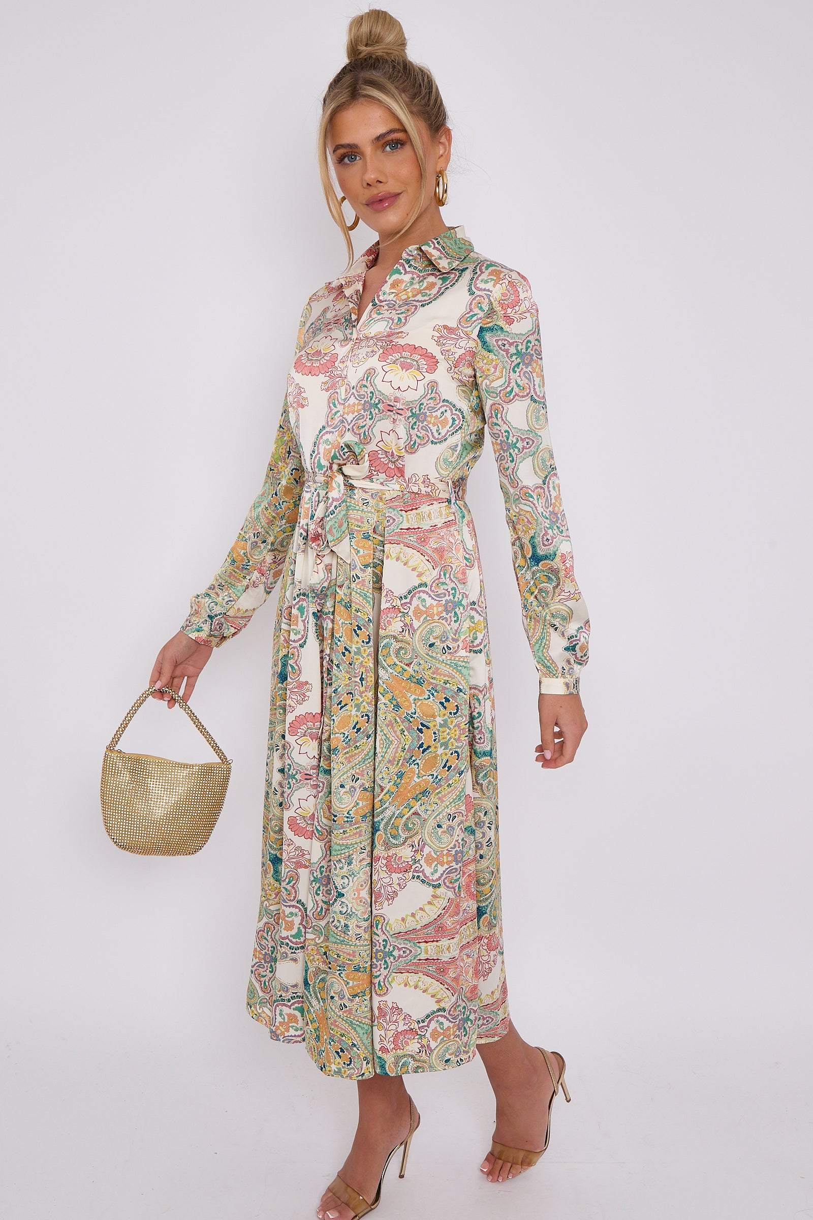 Love Sunshine Cream Mixed Paisley Print Silky Midaxi Shirt Dress Brunch Dress Casual Dress DB Dress with Pockets Everyday Dress Garden Party Dress Holiday Dress Long Sleeve Dress LS-2037 Wedding Guest Dress