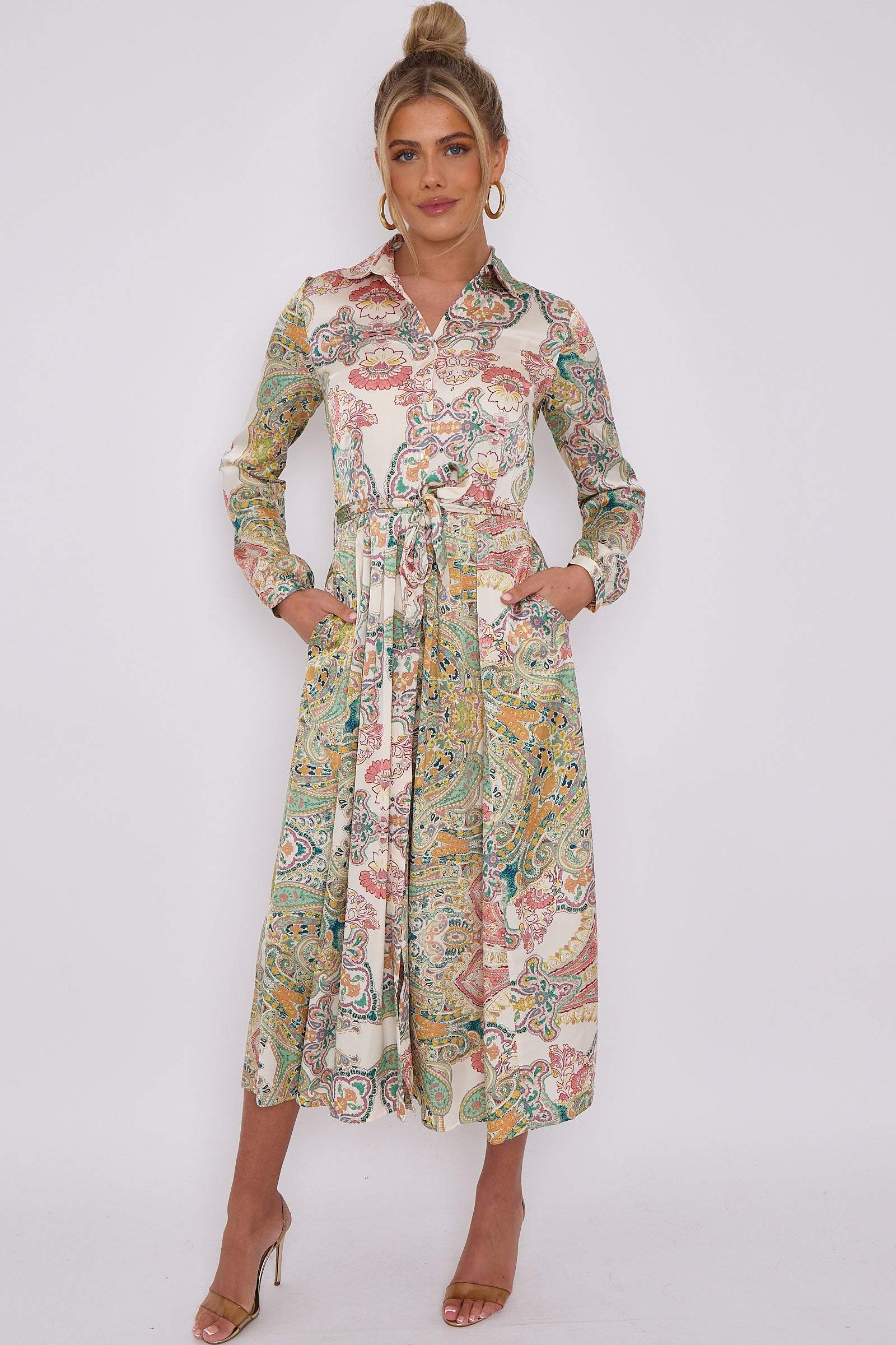 Love Sunshine Cream Mixed Paisley Print Silky Midaxi Shirt Dress Brunch Dress Casual Dress DB Dress with Pockets Everyday Dress Garden Party Dress Holiday Dress Long Sleeve Dress LS-2037 Wedding Guest Dress