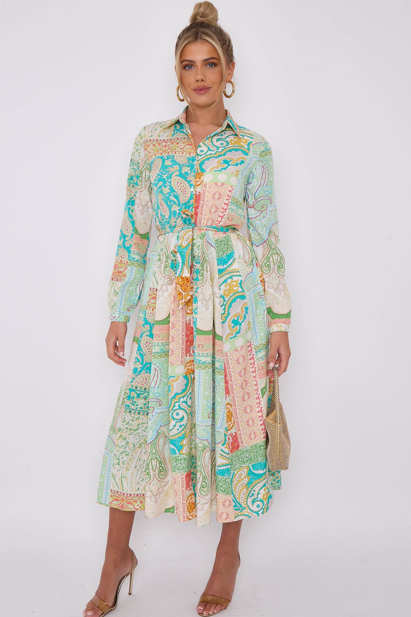 Love Sunshine Green Mixed Paisley Print Midaxi Shirt Dress Brunch Dress Casual Dress DB Dress with Pockets Everyday Dress Garden Party Dress Holiday Dress Long Sleeve Dress LS-2037 Wedding Guest Dress