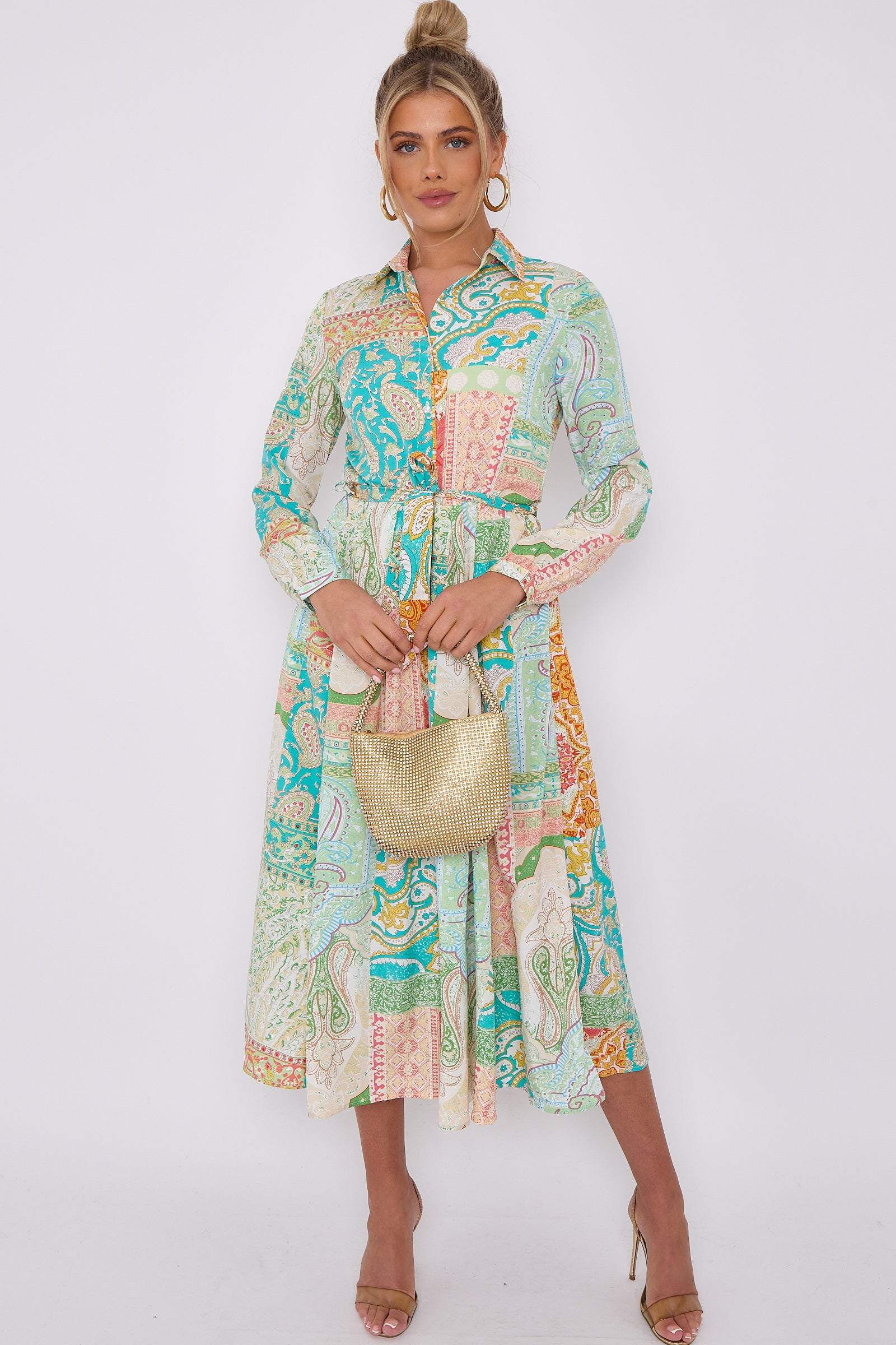 Love Sunshine Green Mixed Paisley Print Midaxi Shirt Dress Brunch Dress Casual Dress DB Dress with Pockets Everyday Dress Garden Party Dress Holiday Dress Long Sleeve Dress LS-2037 Wedding Guest Dress