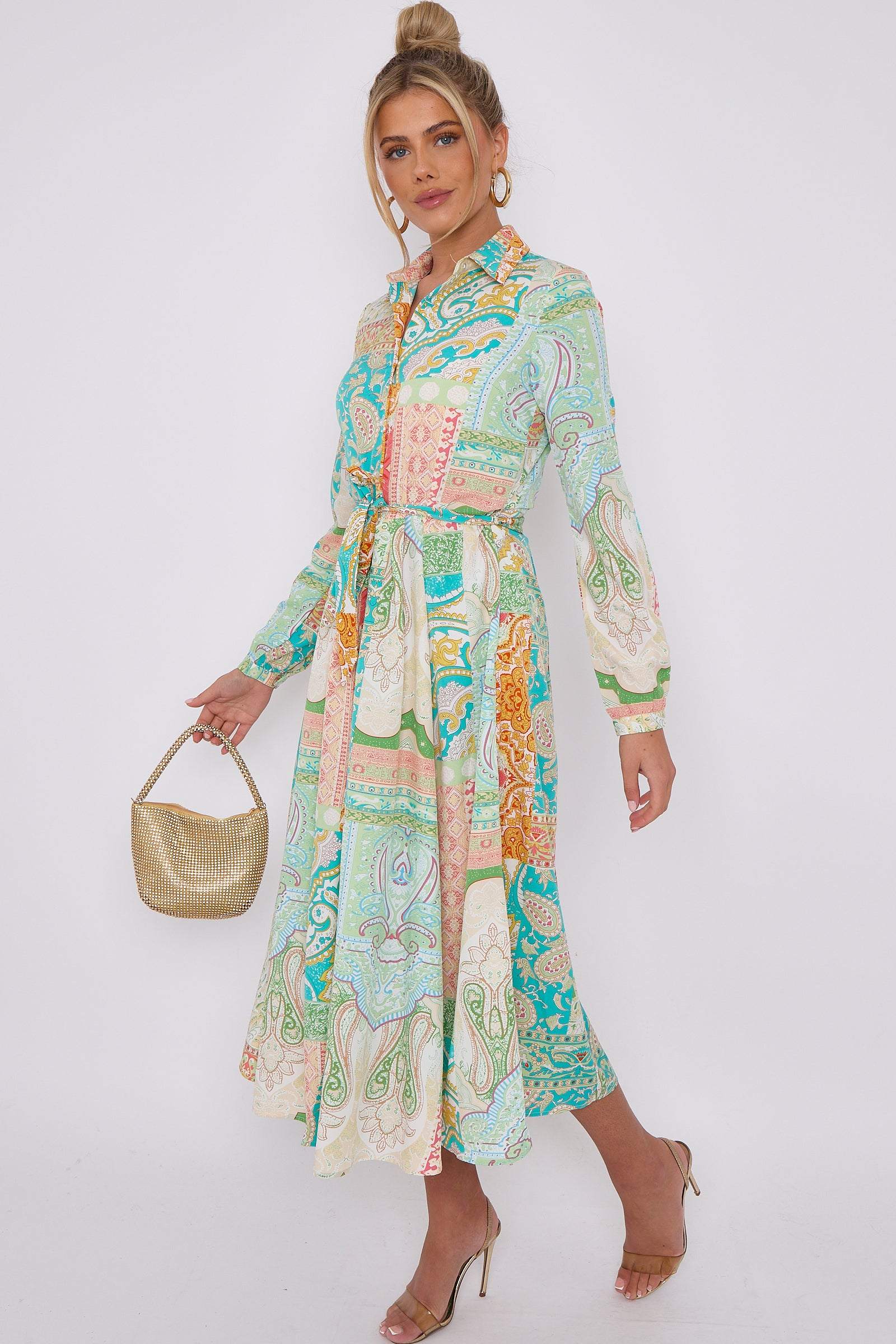 Love Sunshine Green Mixed Paisley Print Midaxi Shirt Dress Brunch Dress Casual Dress DB Dress with Pockets Everyday Dress Garden Party Dress Holiday Dress Long Sleeve Dress LS-2037 Wedding Guest Dress