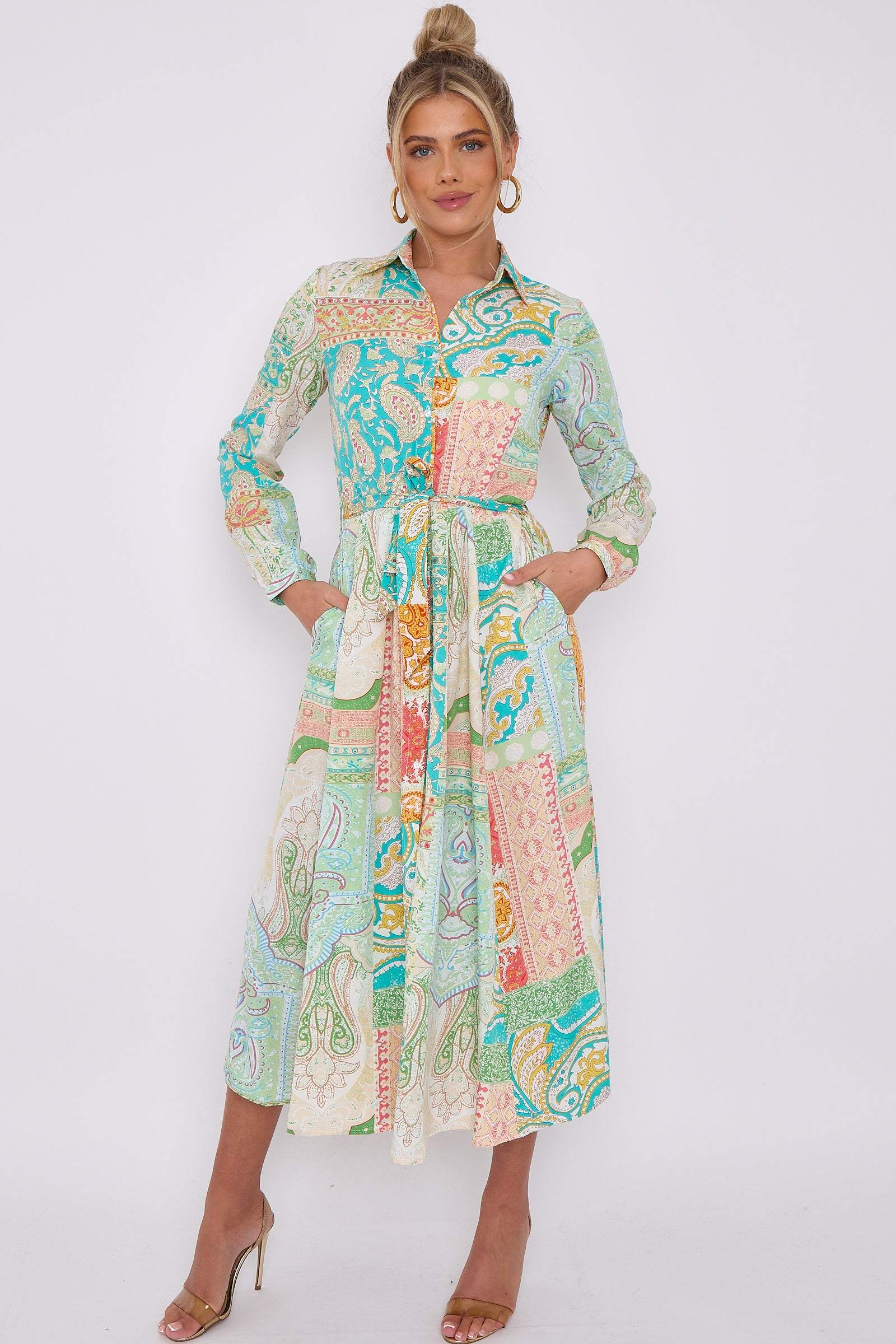 Love Sunshine Green Mixed Paisley Print Midaxi Shirt Dress Brunch Dress Casual Dress DB Dress with Pockets Everyday Dress Garden Party Dress Holiday Dress Long Sleeve Dress LS-2037 Wedding Guest Dress