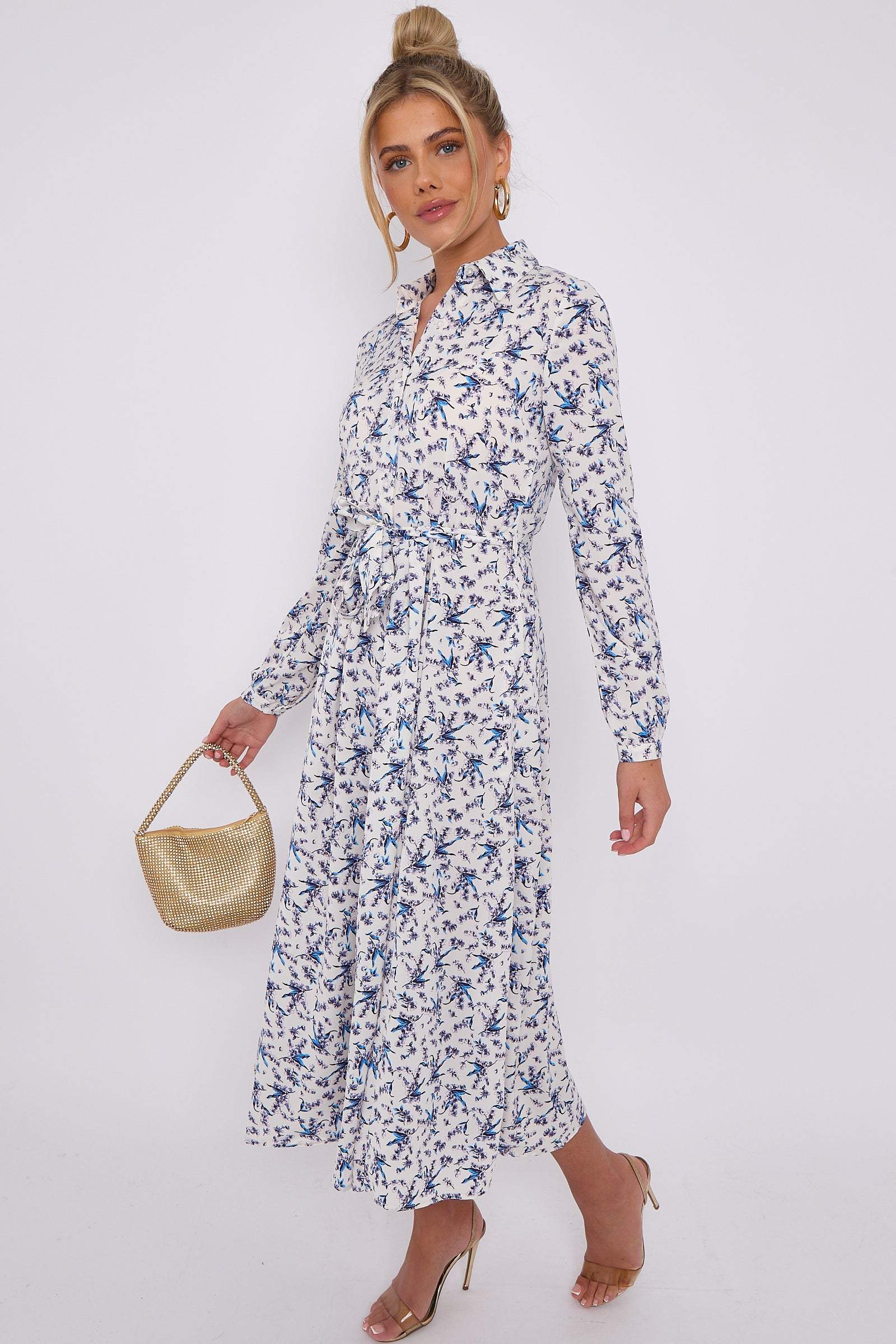 Love Sunshine Blue Floral Print White Long Sleeve Midaxi Shirt Dress Brunch Dress Casual Dress DB Dress with Pockets Everyday Dress Garden Party Dress Holiday Dress Long Sleeve Dress LS-2037 Wedding Guest Dress