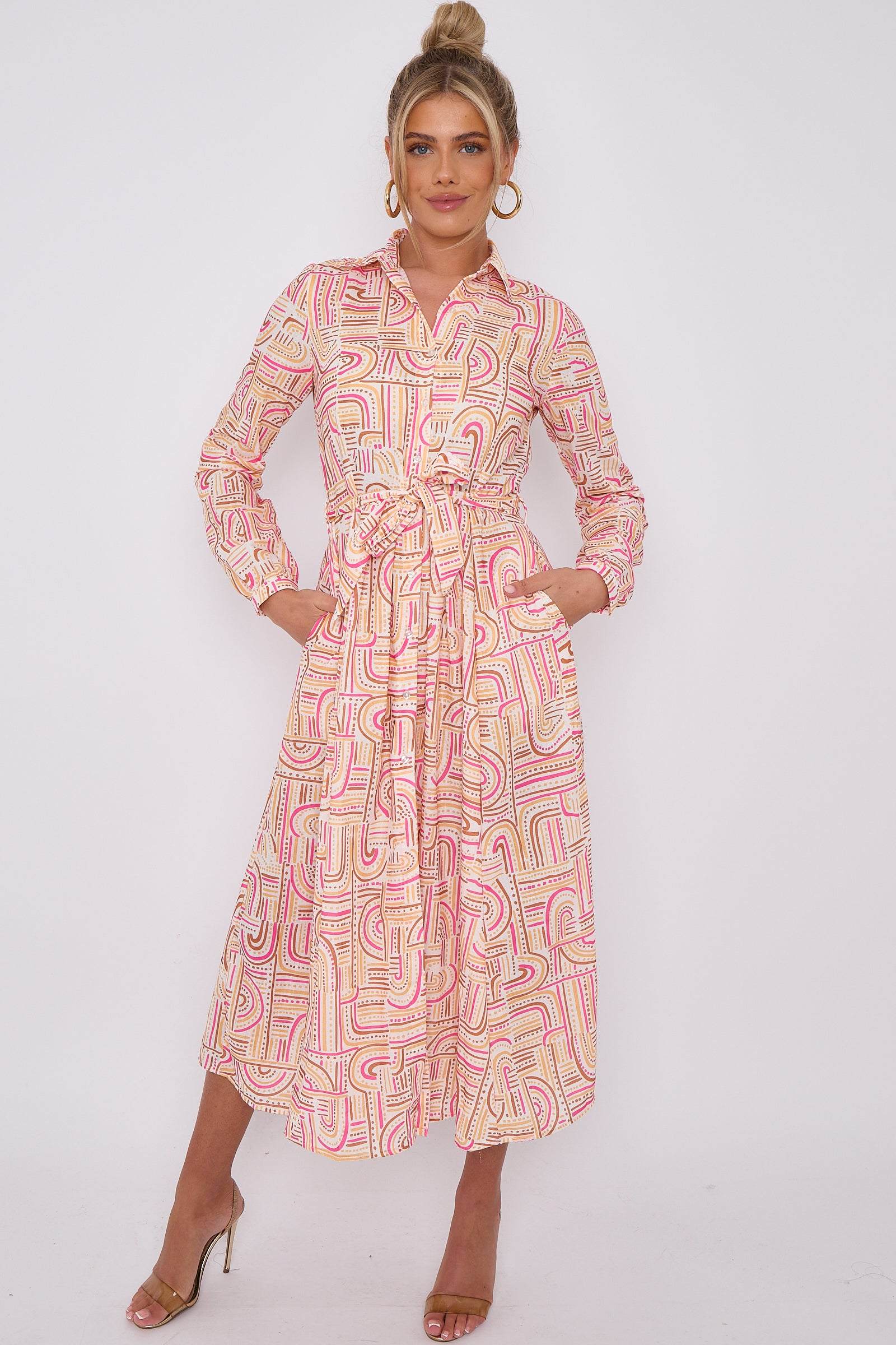 Love Sunshine Pink Graphic Dot Print Midaxi Shirt Dress Brunch Dress Casual Dress DB Dress with Pockets Everyday Dress Garden Party Dress Holiday Dress Long Sleeve Dress LS-2037 Wedding Guest Dress