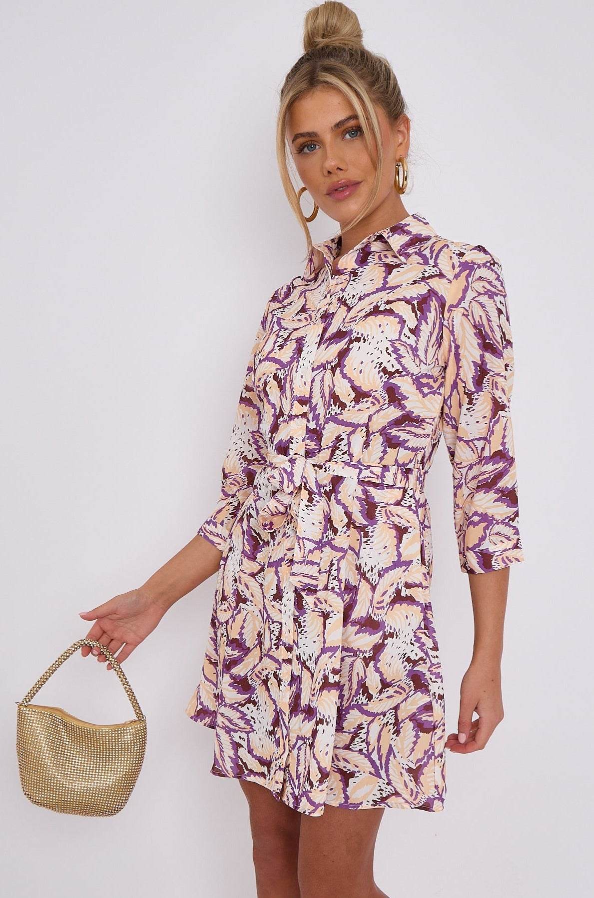 Love Sunshine Purple Leaf Print Mini Shirt Dress Brunch Dress Casual Dress DB Dress with Pockets Everyday Dress Garden Party Dress Holiday Dress Long Sleeve Dress LS-2143 Quarter Sleeve Dress Summer Dress