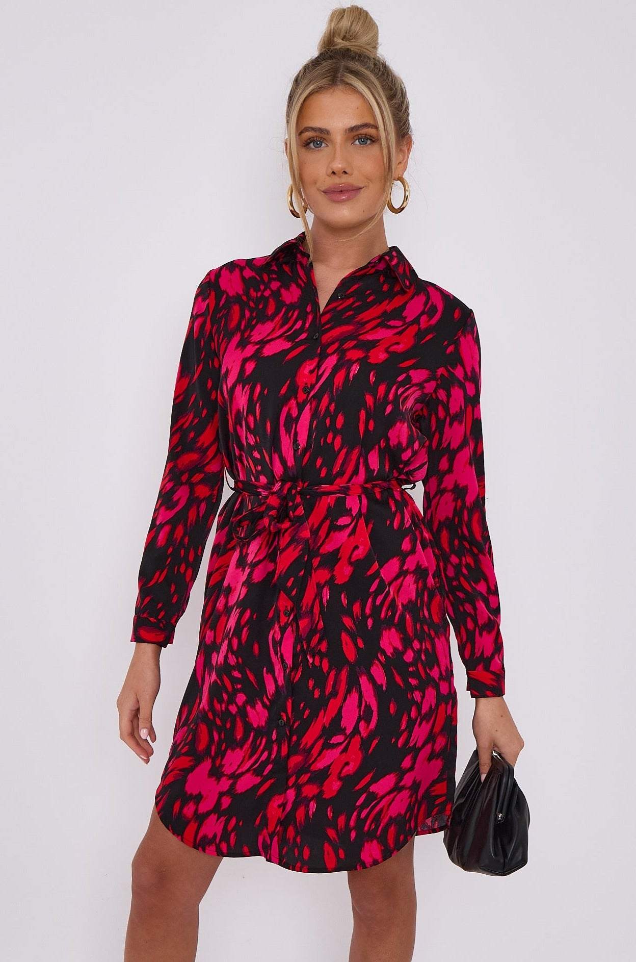 Love Sunshine Fuchsia Leopard Print Mini Shirt Dress Brunch Dress Casual Dress Dress with Pockets Everyday Dress Long Sleeve Dress LS-5026 Workwear Dress