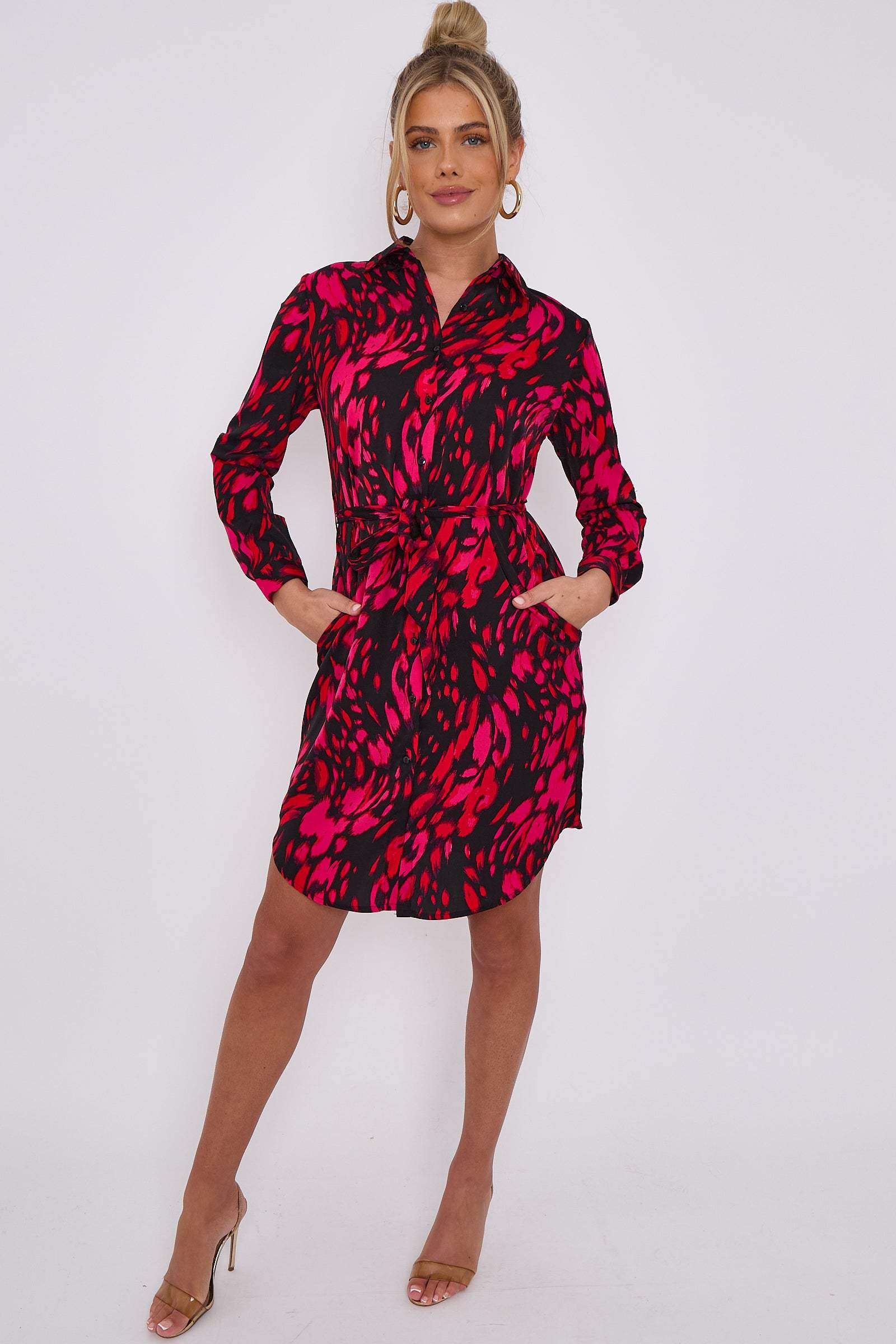 Love Sunshine Fuchsia Leopard Print Mini Shirt Dress Brunch Dress Casual Dress Dress with Pockets Everyday Dress Long Sleeve Dress LS-5026 Workwear Dress