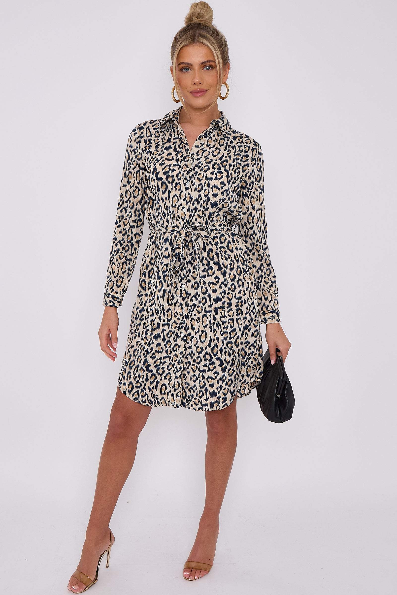 Love Sunshine Beige Leopard Print Mini Shirt Dress Brunch Dress Casual Dress Dress with Pockets Everyday Dress Long Sleeve Dress LS-5026 Workwear Dress