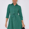 Love Sunshine Green Geo Print Belted Mini Shirt Dress Brunch Dress Casual Dress Dress with Pockets Everyday Dress Garden Party Dress Long Sleeve Dress LS-2143 Workwear Dress