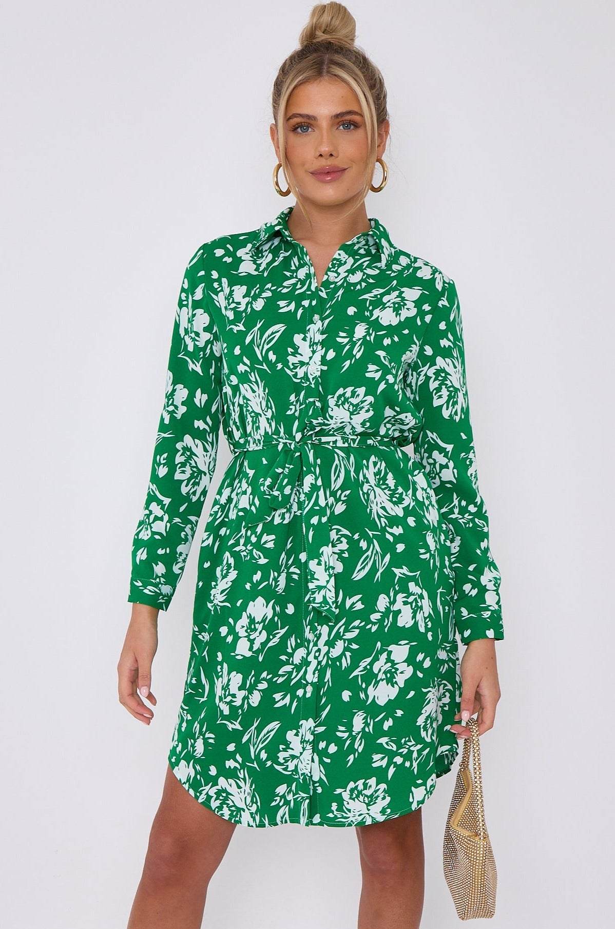 Love Sunshine Green Floral Print Mini Shirt Dress Brunch Dress Casual Dress Dress with Pockets Everyday Dress Long Sleeve Dress LS-5026 Workwear Dress