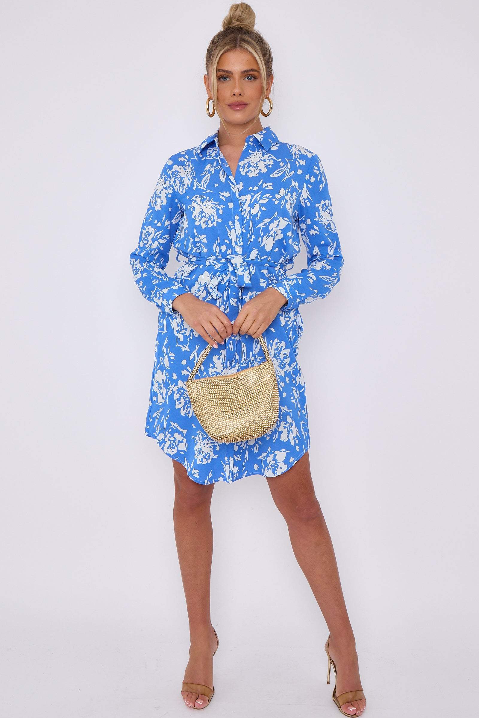 Love Sunshine Blue Floral Print Mini Shirt Dress Brunch Dress Casual Dress Dress with Pockets Everyday Dress Long Sleeve Dress LS-5026 Workwear Dress