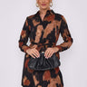 Love Sunshine Brown Abstract Print Black Mini Shirt Dress Brunch Dress Casual Dress Dress with Pockets Everyday Dress Long Sleeve Dress LS-5026 Workwear Dress