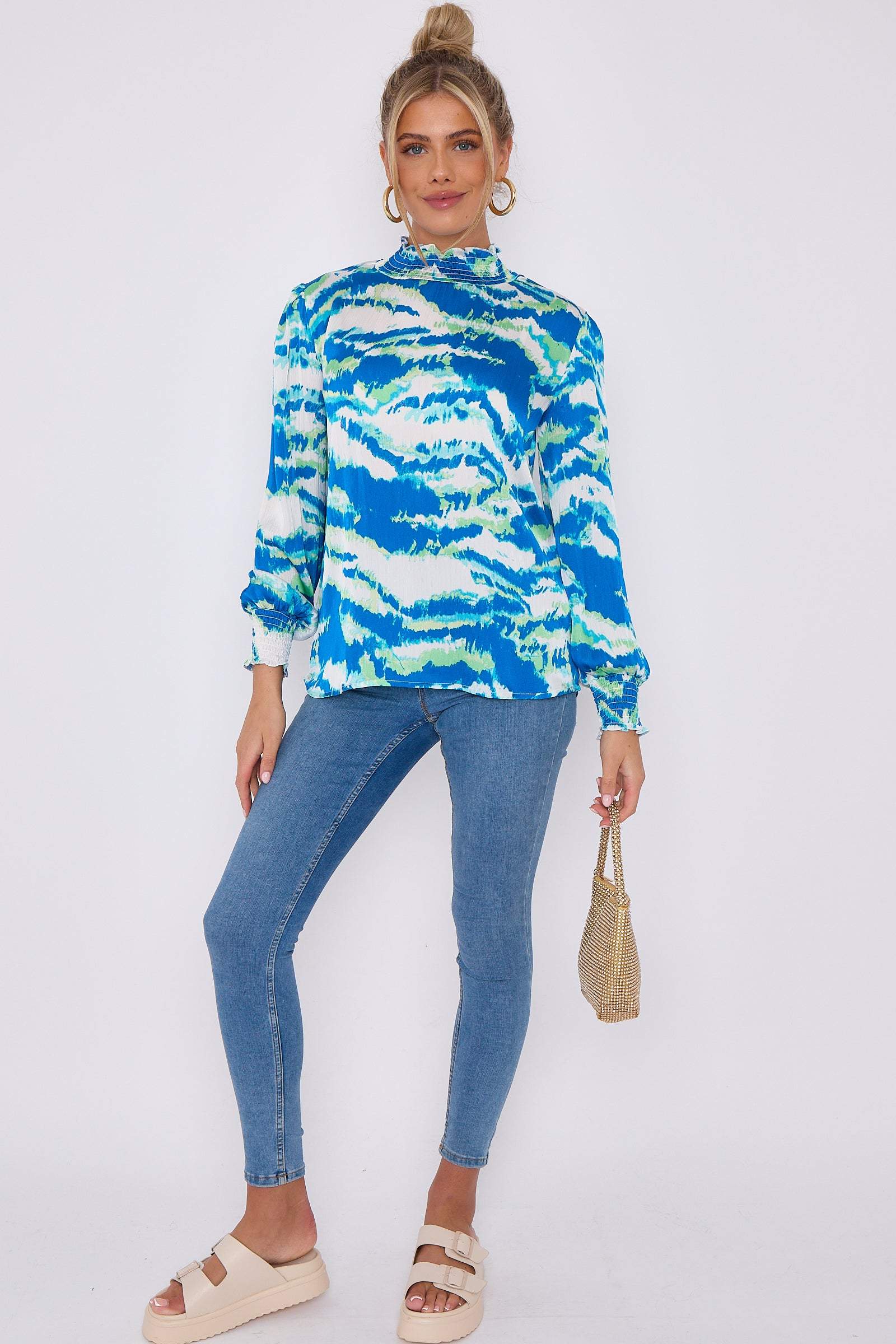Love Sunshine Blue Tiger Stripe Print Satin Chiffon Top Brunch Casual Everyday Garden Party LS-2367 Workwear