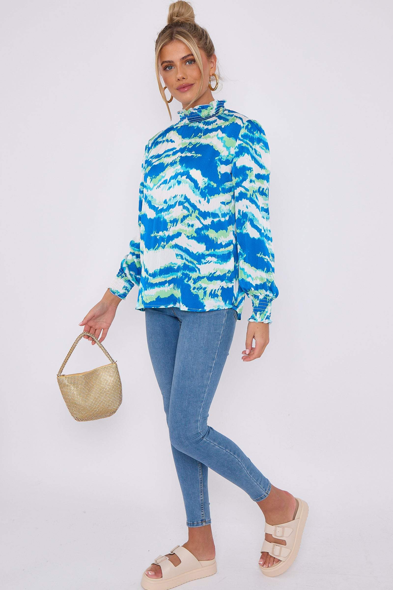 Love Sunshine Blue Tiger Stripe Print Satin Chiffon Top Brunch Casual Everyday Garden Party LS-2367 Workwear
