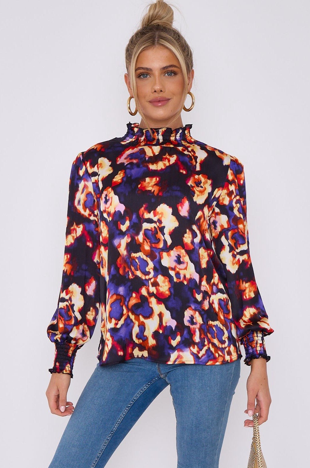 Love Sunshine Purple Abstract Floral Print Satin Chiffon Top Brunch Casual Everyday Garden Party LS-2367 Workwear
