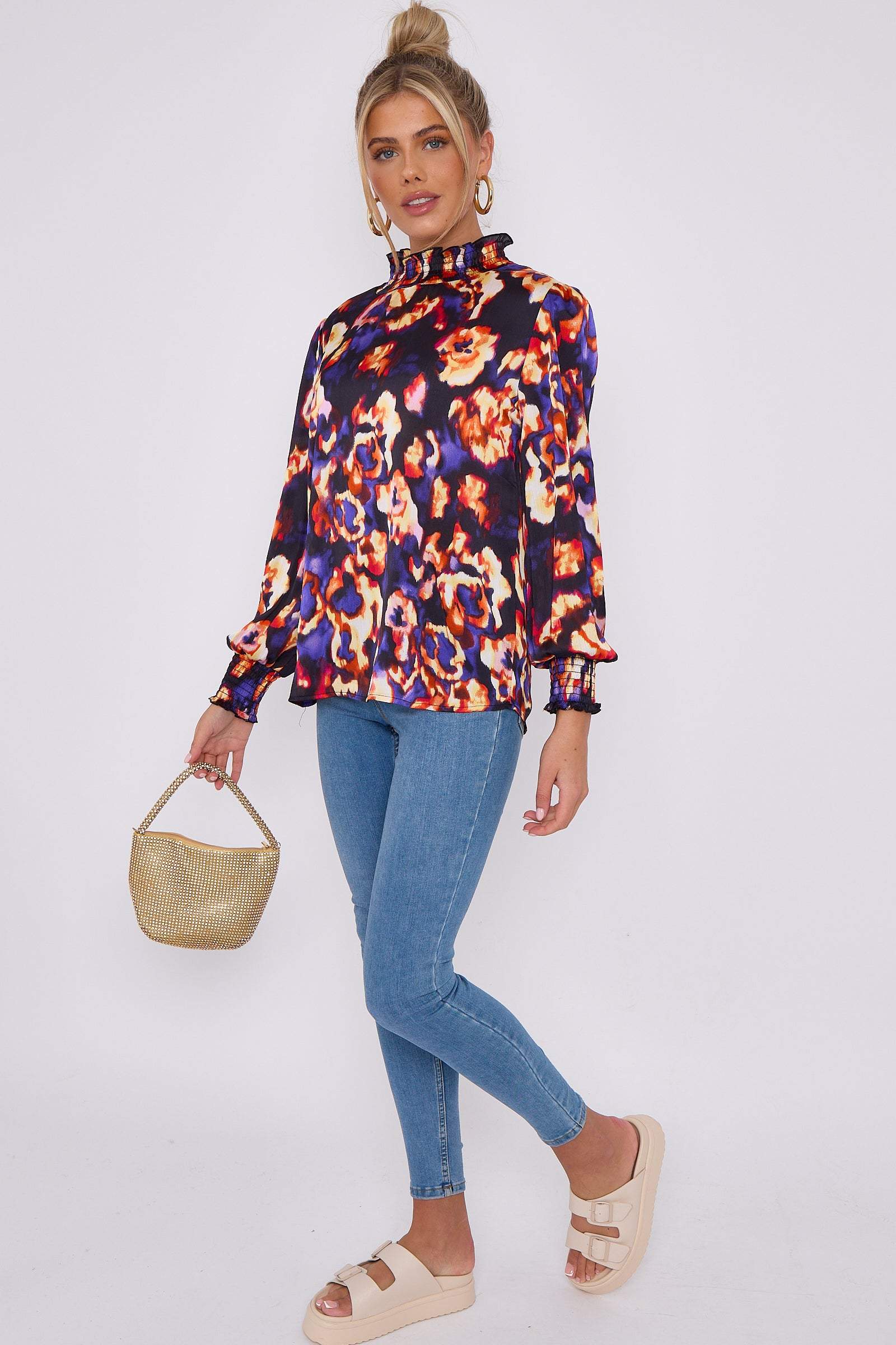 Love Sunshine Purple Abstract Floral Print Satin Chiffon Top Brunch Casual Everyday Garden Party LS-2367 Workwear