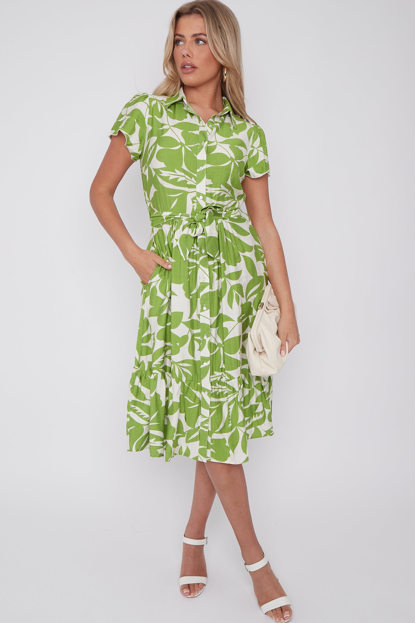 Green Leaf Printed Short Sleeve Midi Dress