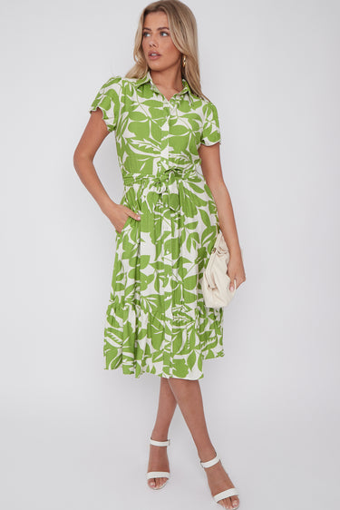 Lime Green Leaf Printed Short Sleeve Midi Dress