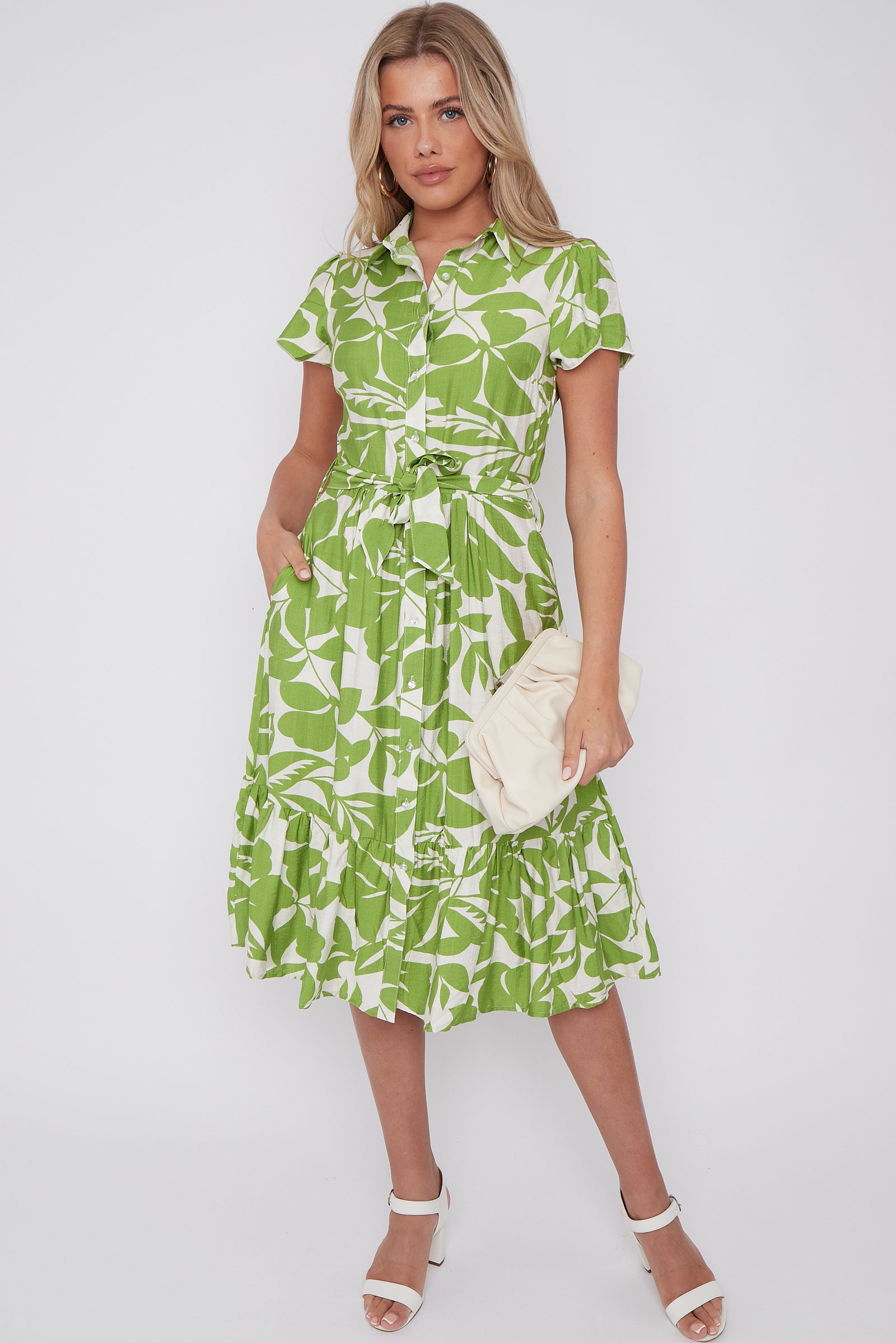 Green Leaf Printed Short Sleeve Midi Dress