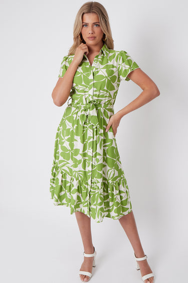 Lime Green Leaf Printed Short Sleeve Midi Dress