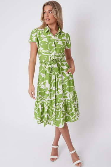 Lime Green Leaf Printed Short Sleeve Midi Dress