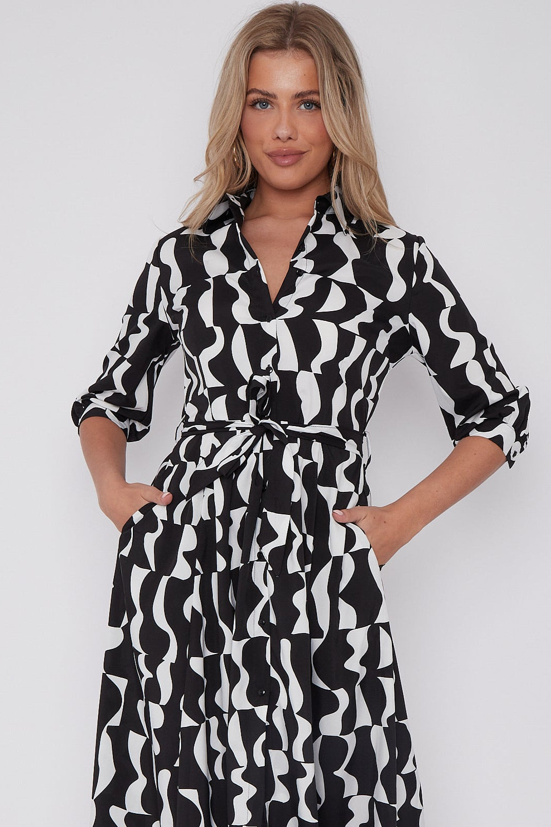 Mono Geometric Print Half Sleeve Midi Shirt Dress