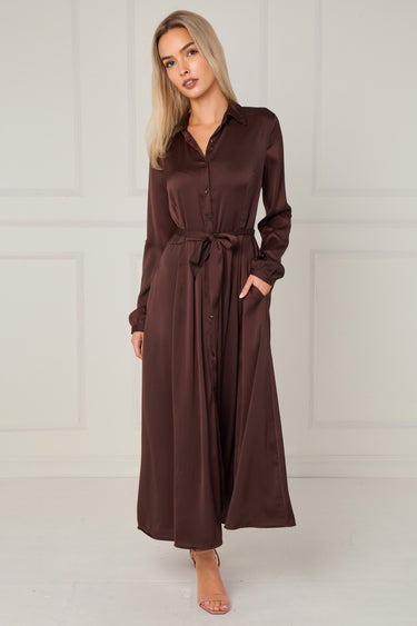 Espresso Layered Satin Long Sleeve Maxi Shirt Dress