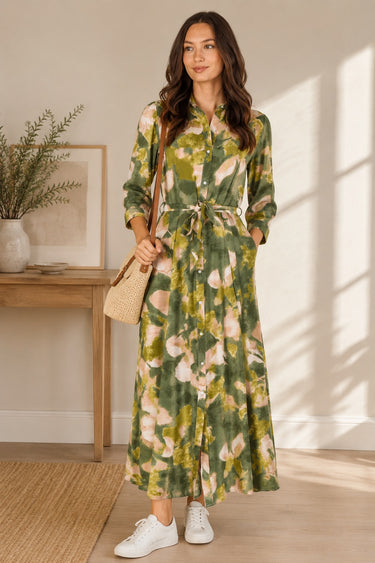 Love Sunshine Green Abstract Print Tie Waist Maxi Shirt Dress Belted Dress Day to Night Long Sleeve Maxi Dress NEW IN Occasionwear Shirt Dress