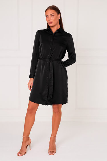 Black Silky Plain Mini Shirt Dress