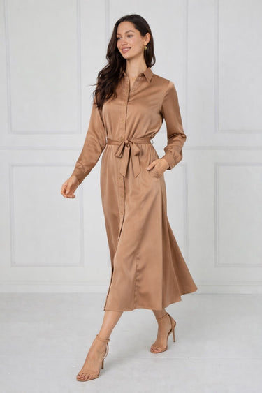 Caramel Velvety Satin Maxi Shirt Dress