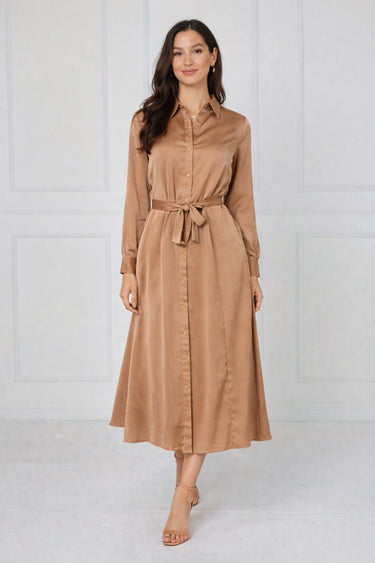 Caramel Velvety Satin Maxi Shirt Dress