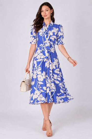 Blue Floral Print Tie Front Midi Shirt Dress