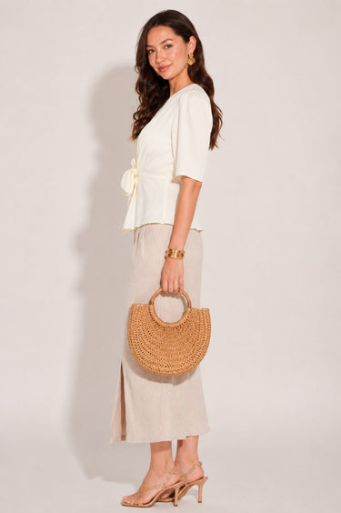 Ivory Satin Tie Front Short Sleeve Top