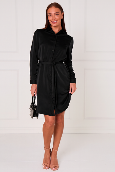 Black Silky Plain Mini Shirt Dress