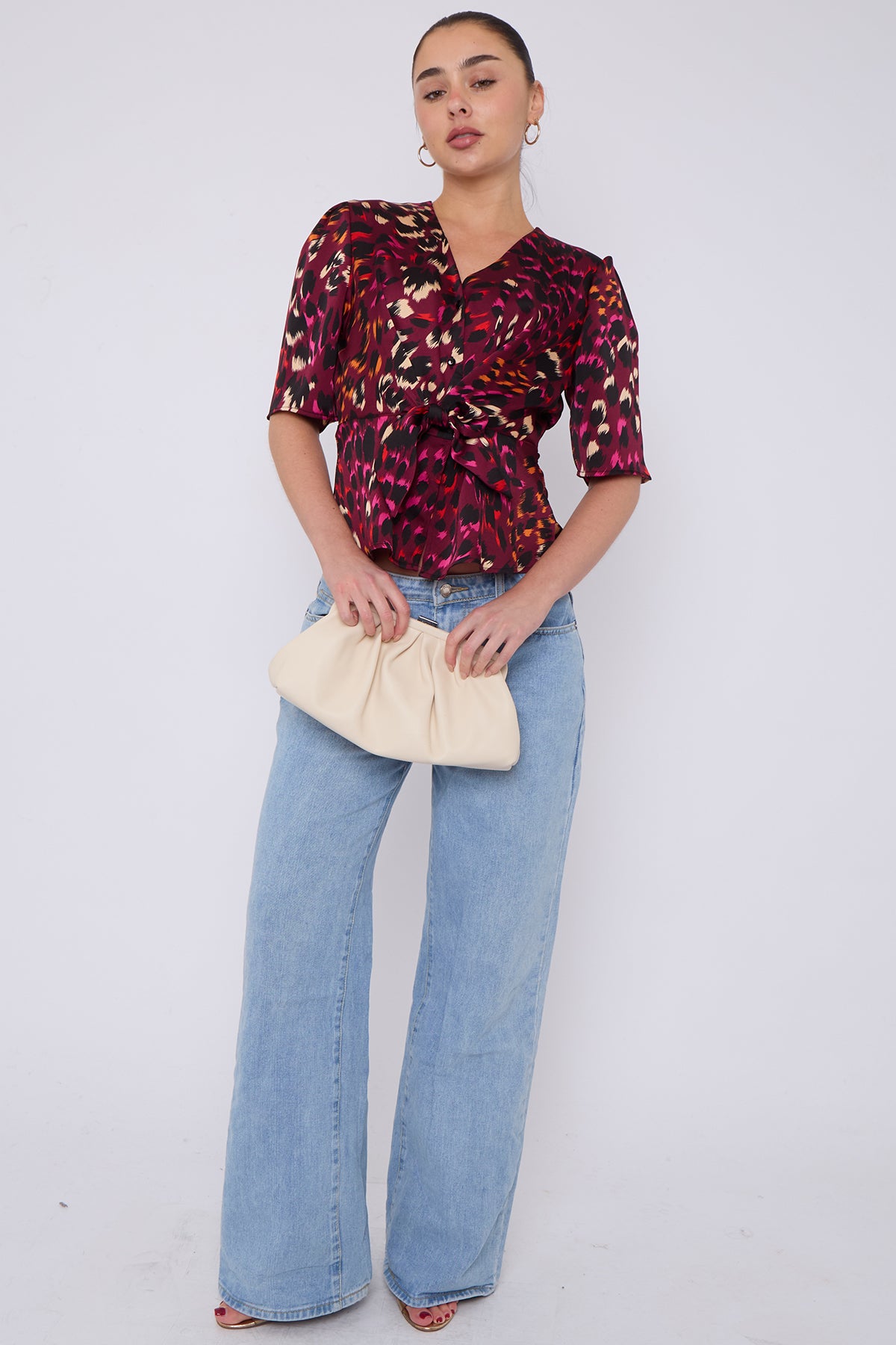 Deep Fuchsia Leopard Print Knotted Satin Top