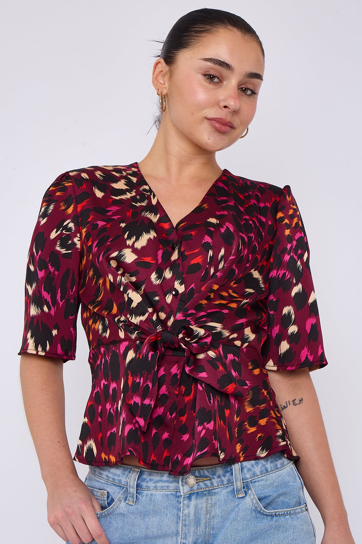Deep Fuchsia Leopard Print Knotted Satin Top