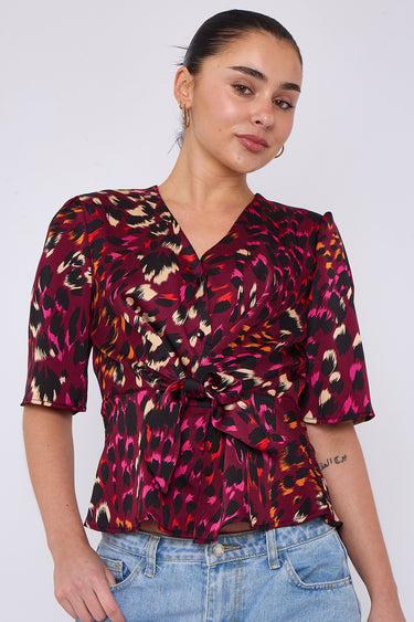 Deep Fuchsia Leopard Print Knotted Satin Top