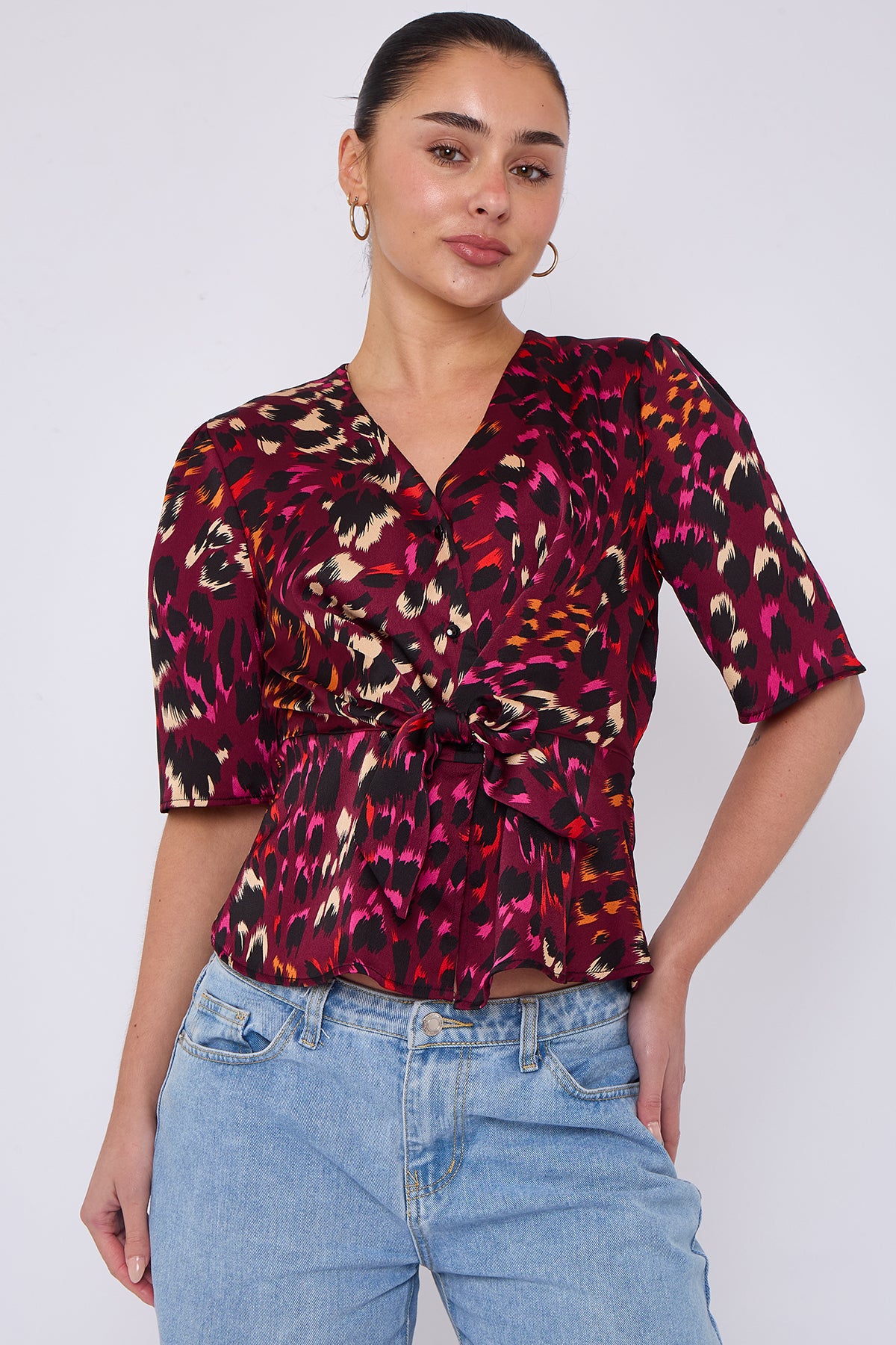 Deep Fuchsia Leopard Print Knotted Satin Top