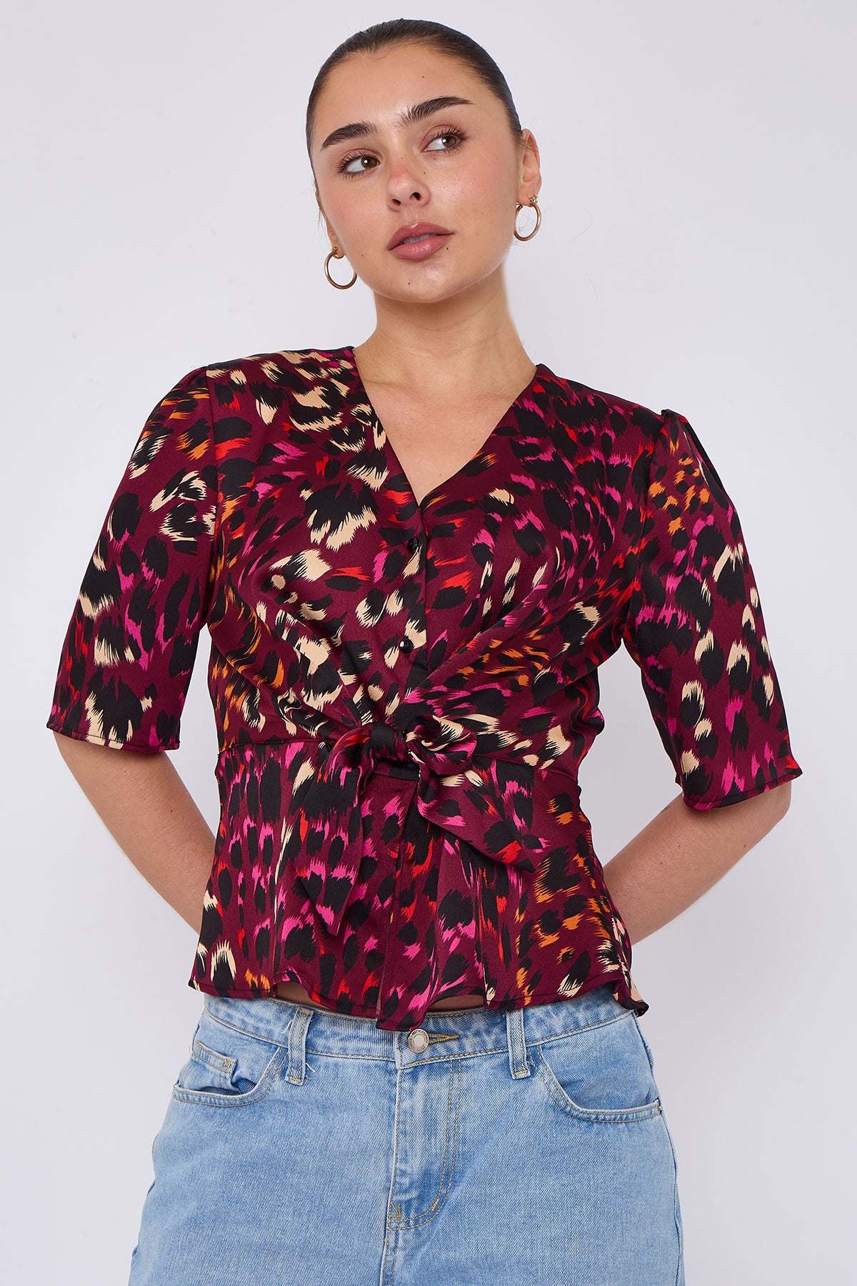 Deep Fuchsia Leopard Print Knotted Satin Top