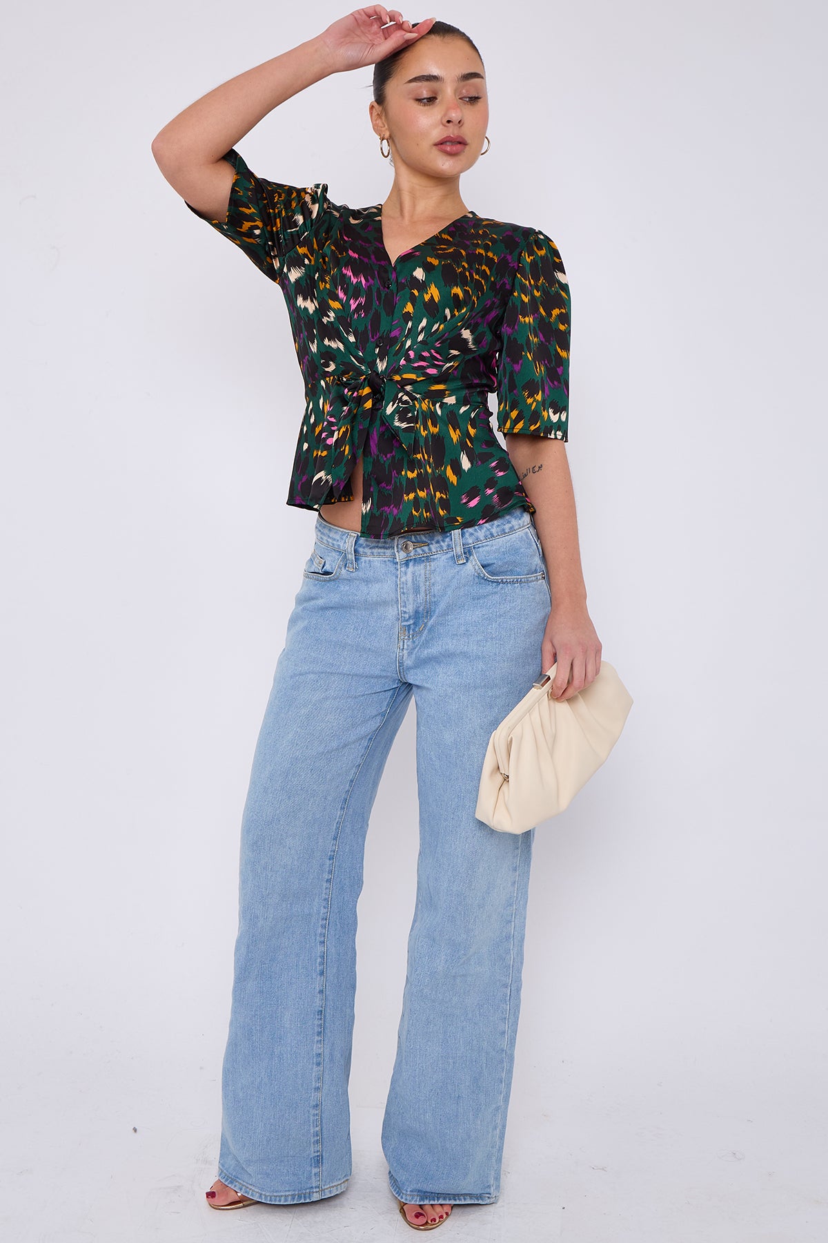 Emerald Leopard Print Knotted Satin Top