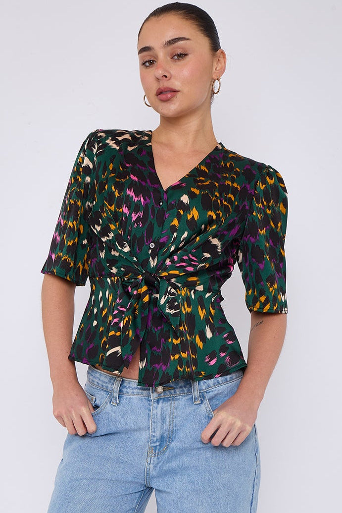 Emerald Leopard Print Knotted Satin Top