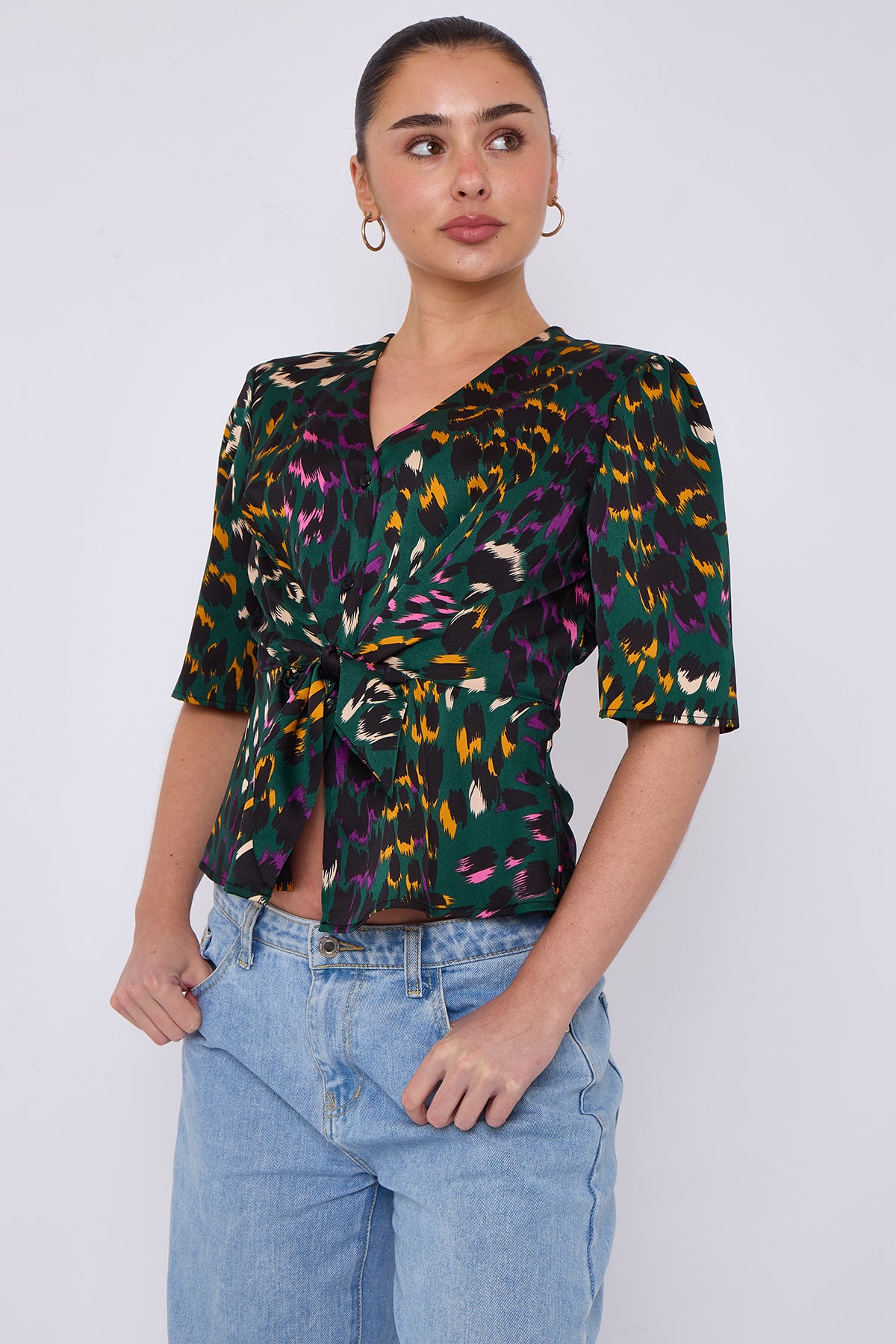 Emerald Leopard Print Knotted Satin Top