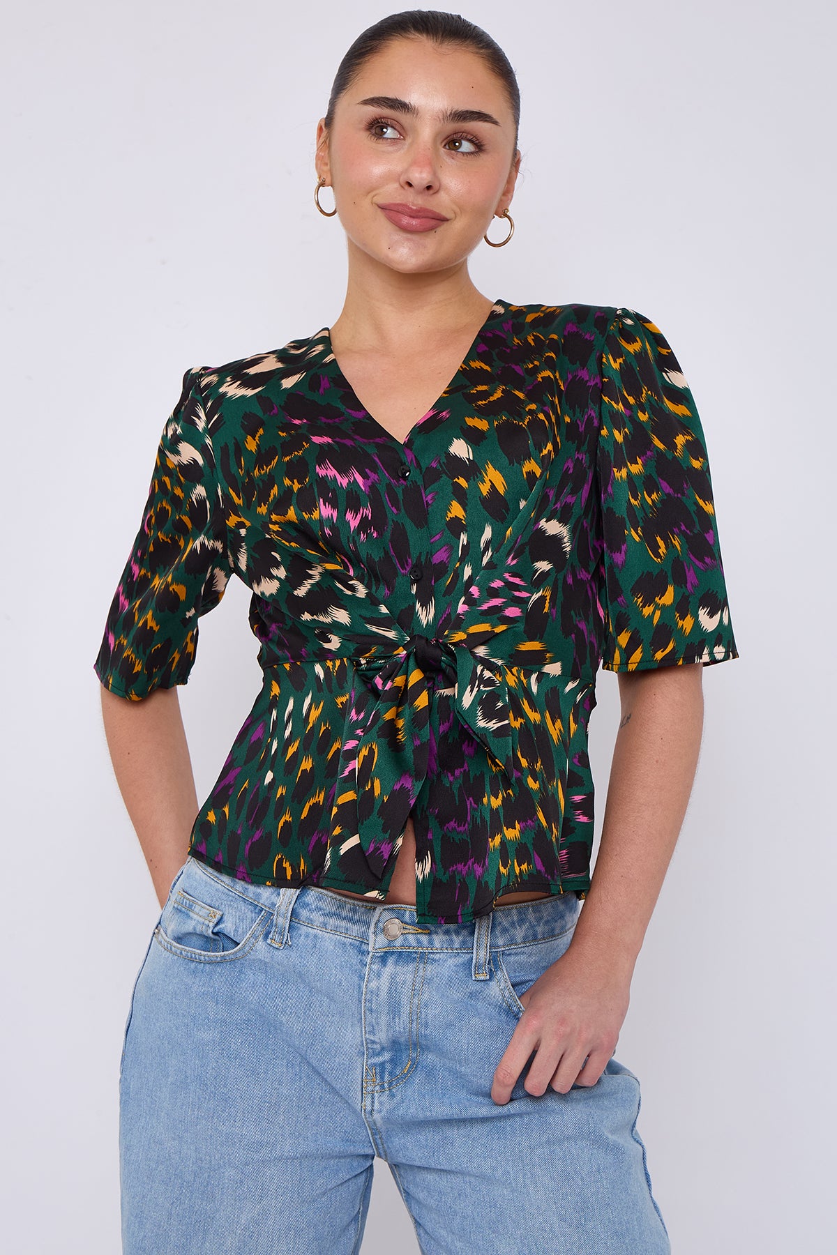 Emerald Leopard Print Knotted Satin Top