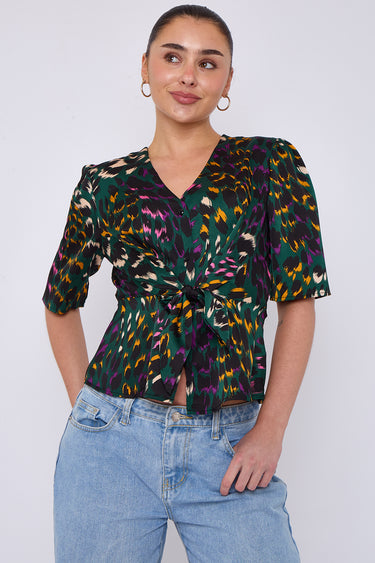 Emerald Leopard Print Knotted Satin Top