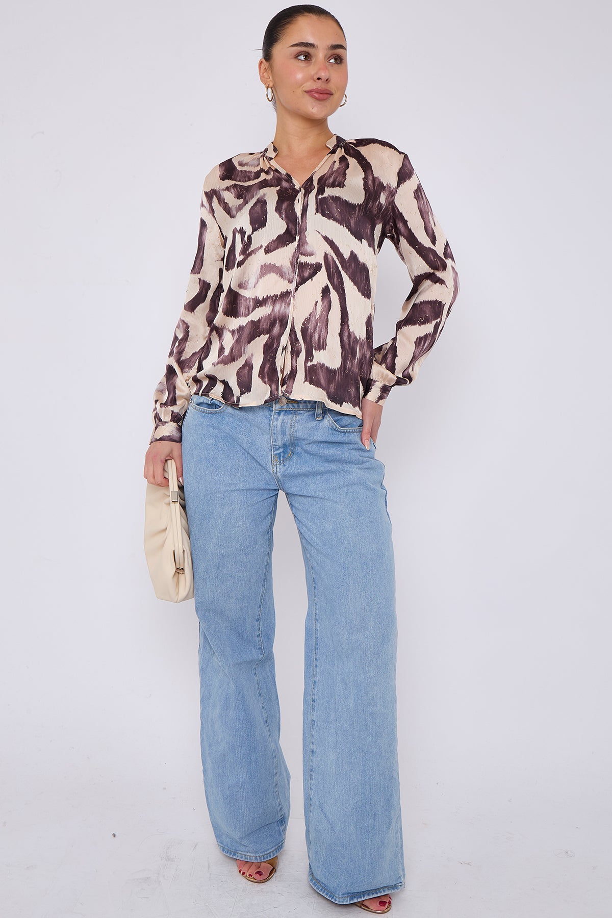 Grey Abstract Print Gold Foil Dotted Blouse