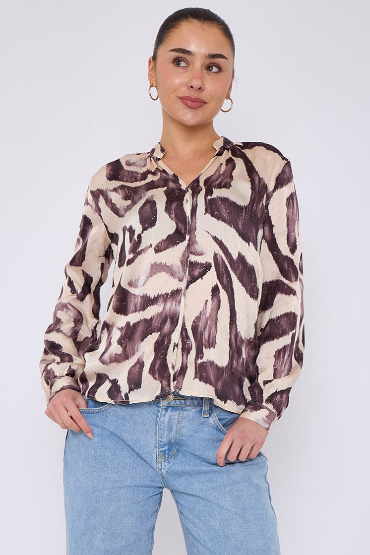 Grey Abstract Print Gold Foil Dotted Blouse