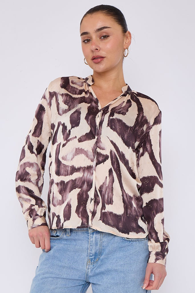 Grey Abstract Print Gold Foil Dotted Blouse