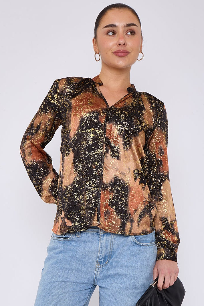 Brown Abstract Print Gold Foil Splash Print Blouse